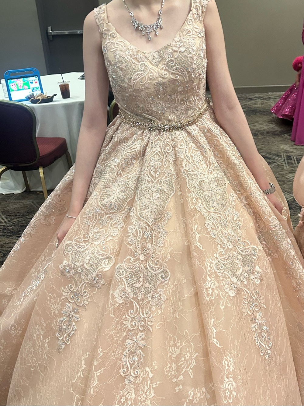 Elegant Champagne pink Lace Ball Gown Dress